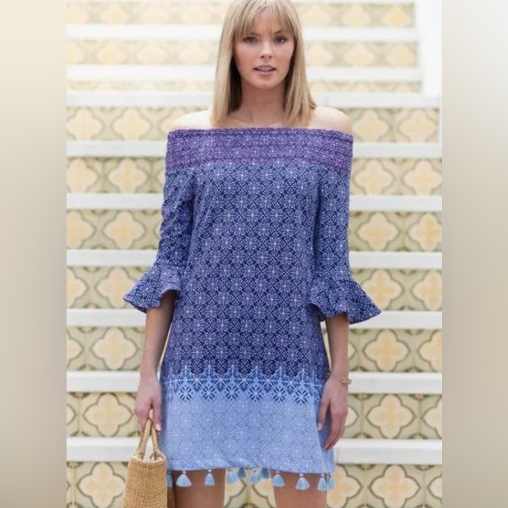 Cabana Life West Indies Off The Shoulder Dress M Blue Mosaic UPF 50 Tassel Hem